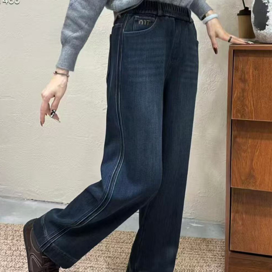 娜娜家925款冬季时尚复合绒牛仔直筒裤