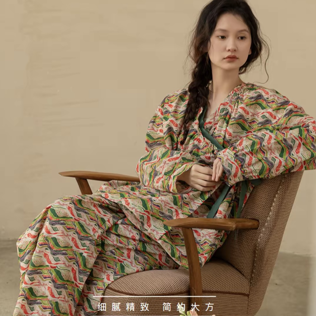 皇子精选｜女士春秋季薄款长袖斜襟复古睡衣可外穿纯棉居家套装