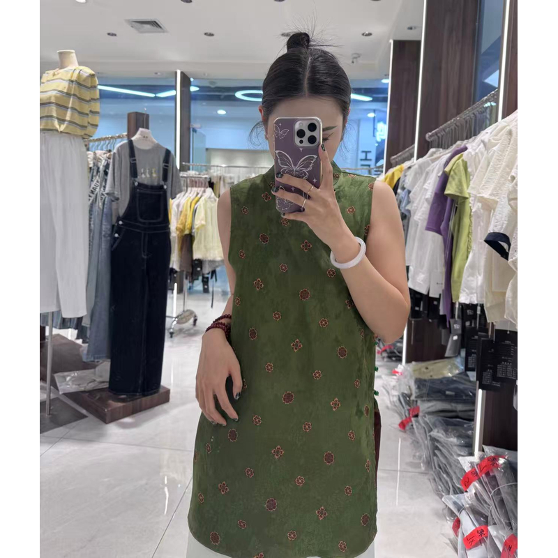 001新中式复古提花设计简约无袖斜禁盘扣中长款上衣