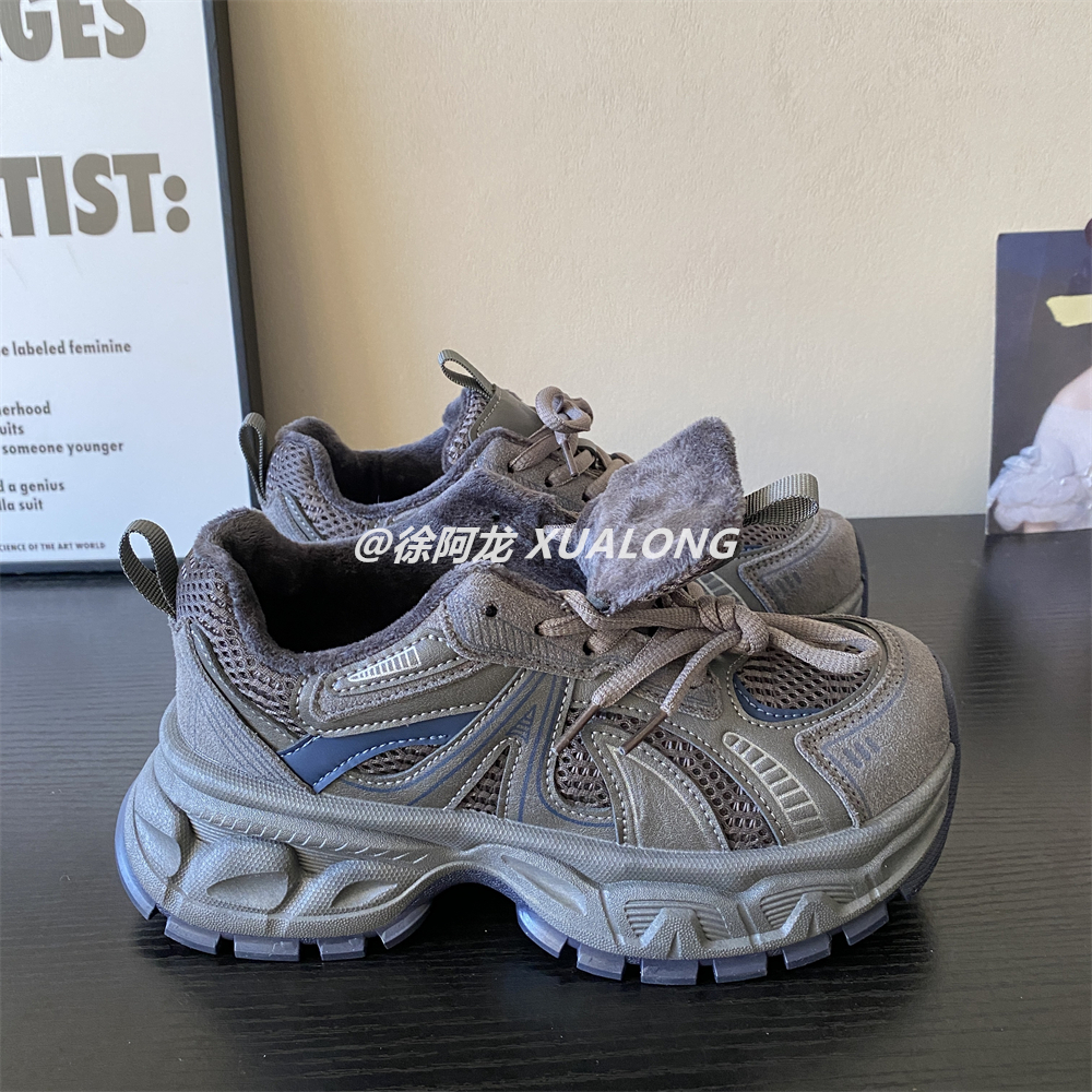 加绒老爹鞋女款冬季2025新款厚底增高保暖运动鞋加棉复古休闲女鞋