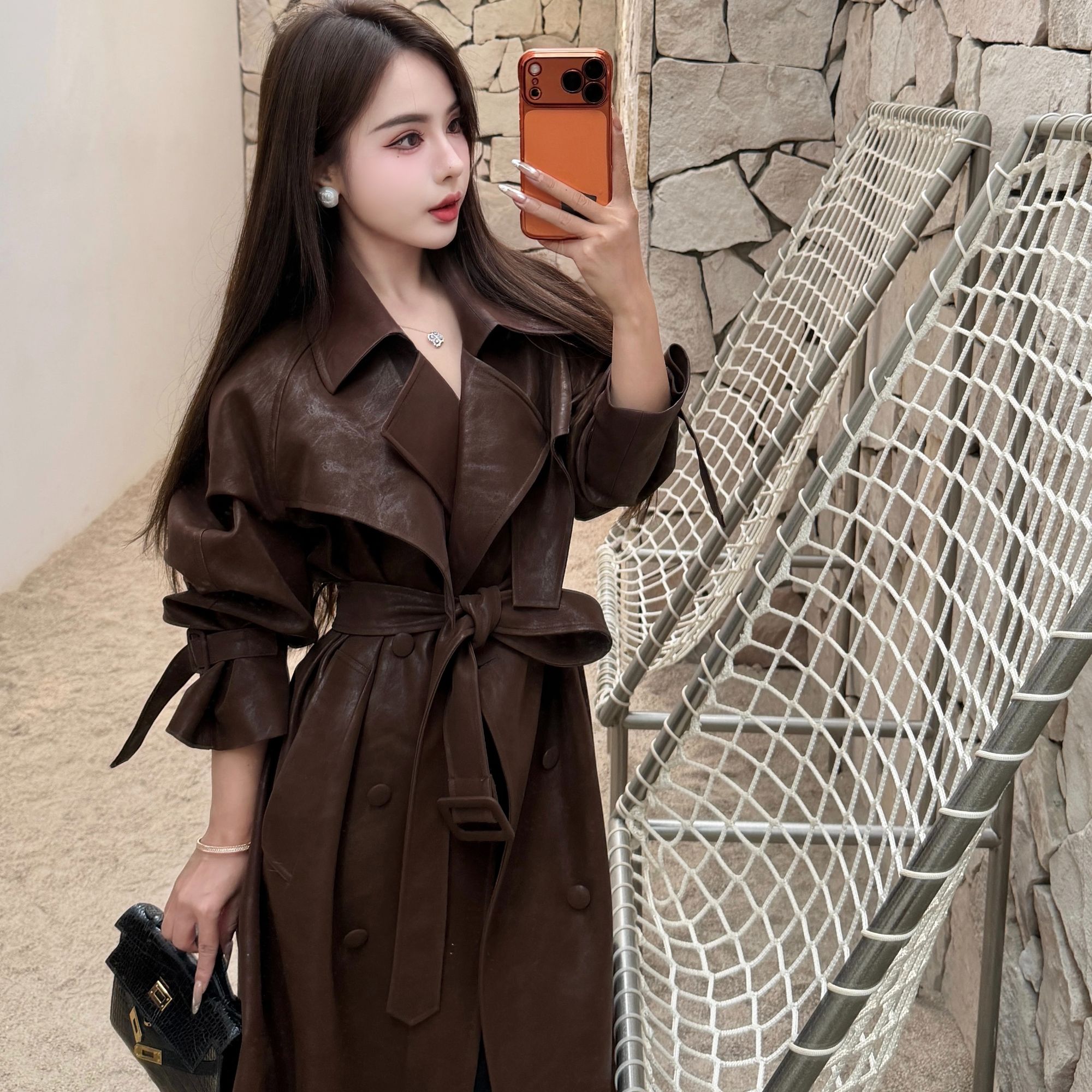 【现货秒发】DY50春款休闲宽松时尚翻驳领显瘦气质外套长款皮风衣