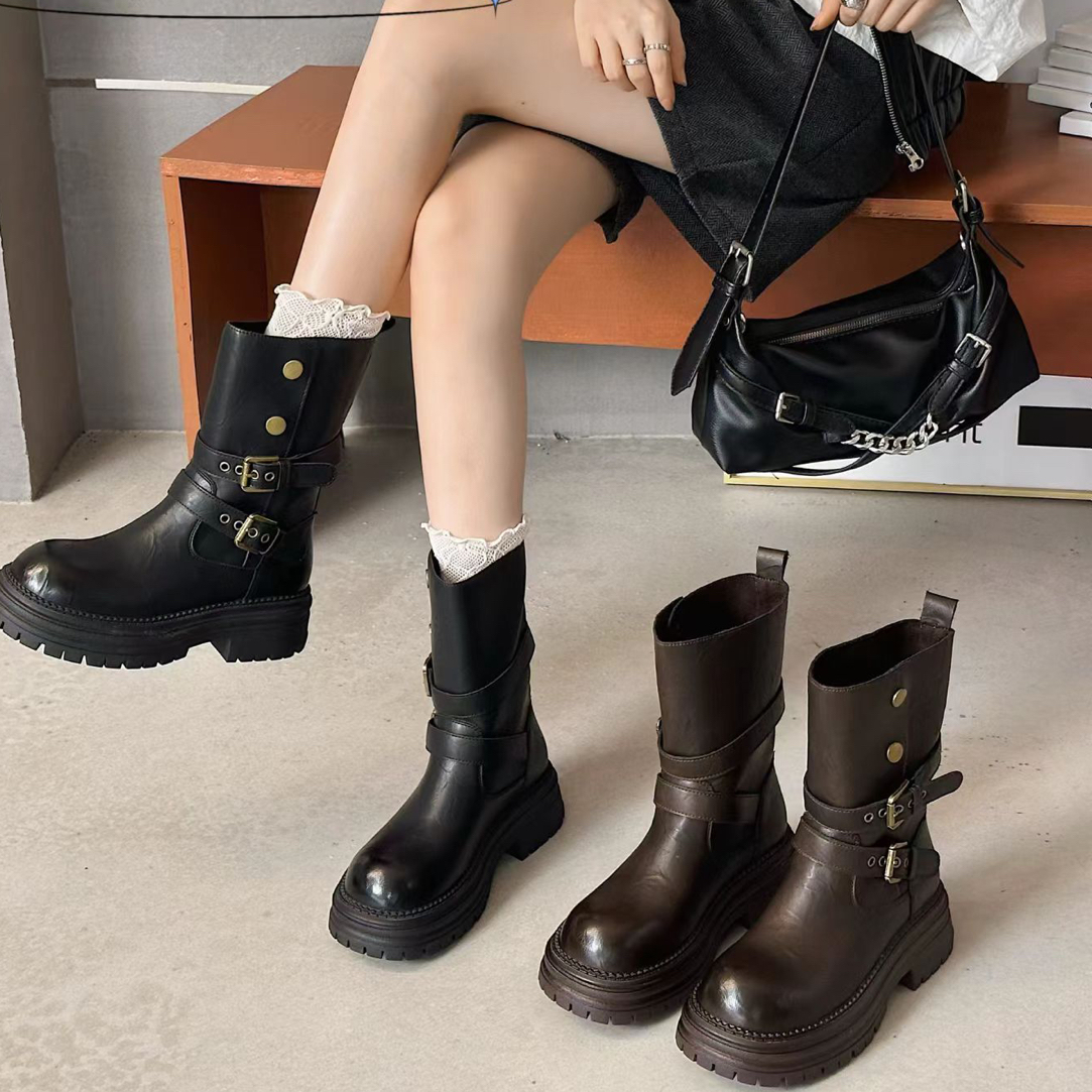 828-3厚底时尚英伦风粗跟瘦瘦靴圆头百搭复古女鞋时装靴