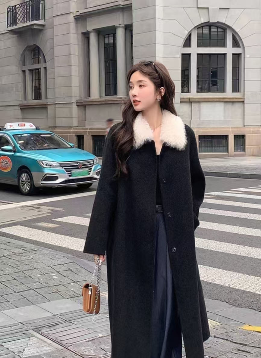 【梅里雪山】冬季双面羊绒大衣女毛领长款呢子毛呢外套