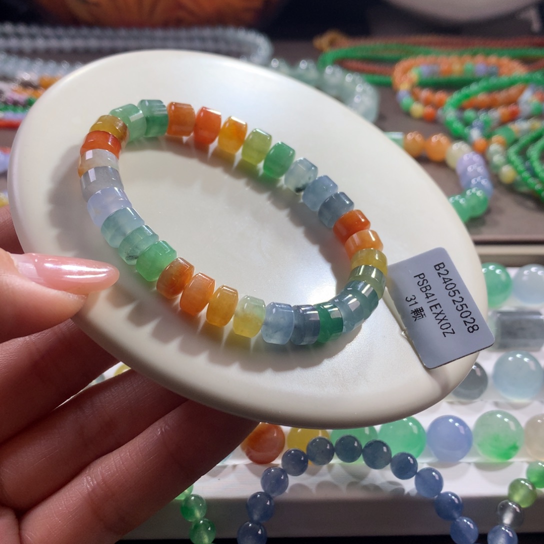 翡翠未镶嵌手链冰胶浓艳彩虹桶珠卡7.5