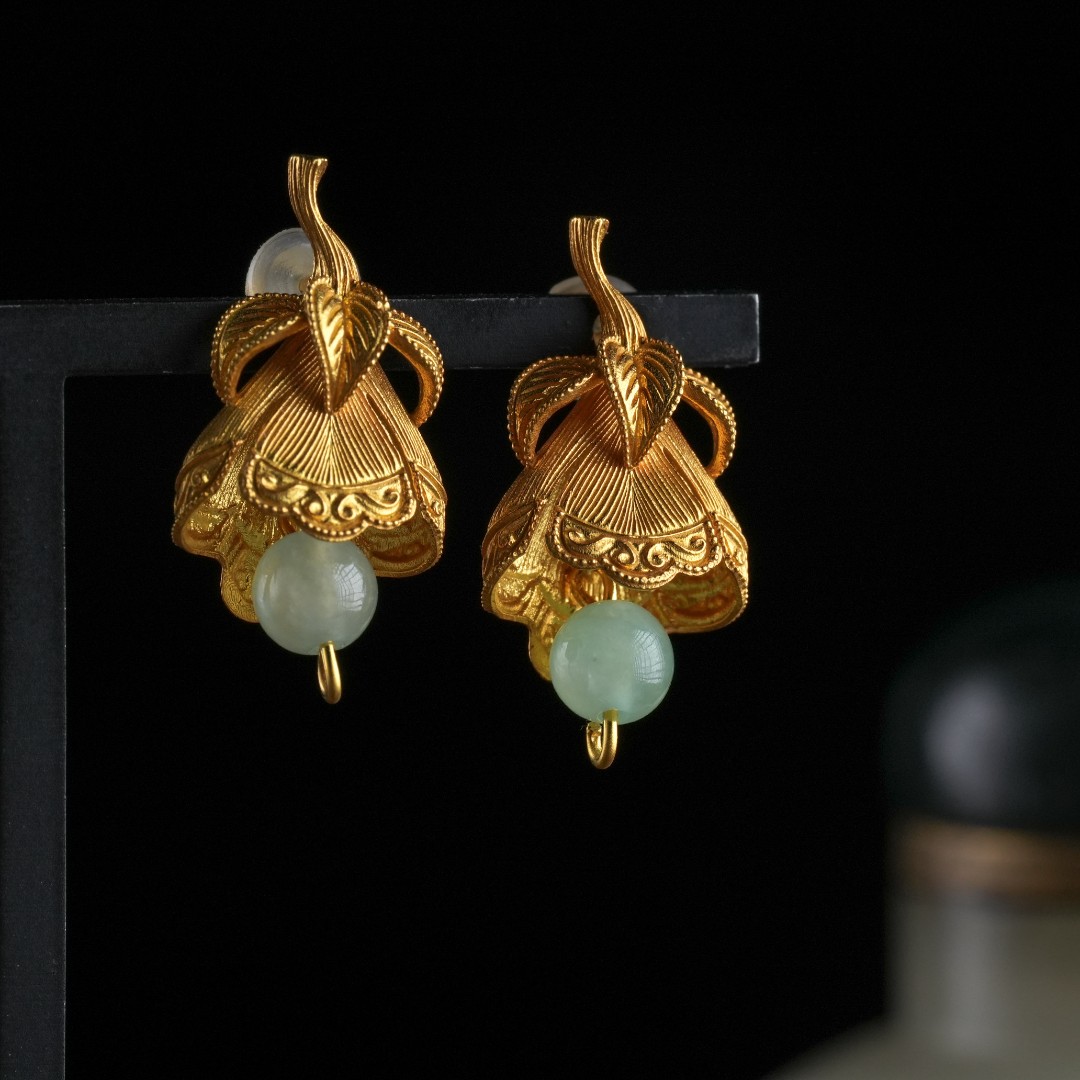 【观月】【听涧】18k金镶嵌天然A货翡翠耳钉