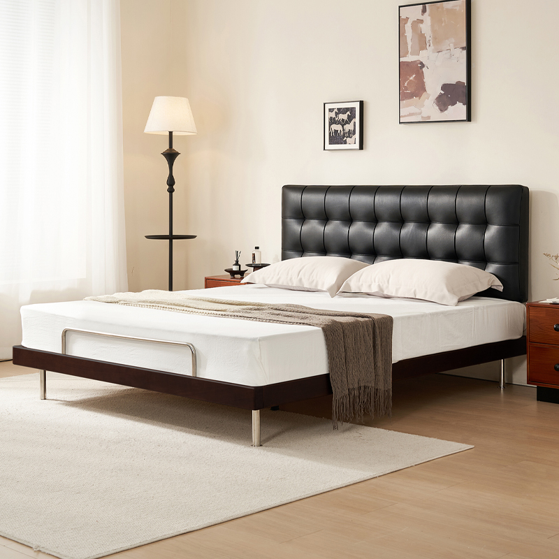 意式【华夫格】半青黑胡桃头层牛皮床轻奢家用简约中古风真皮床11