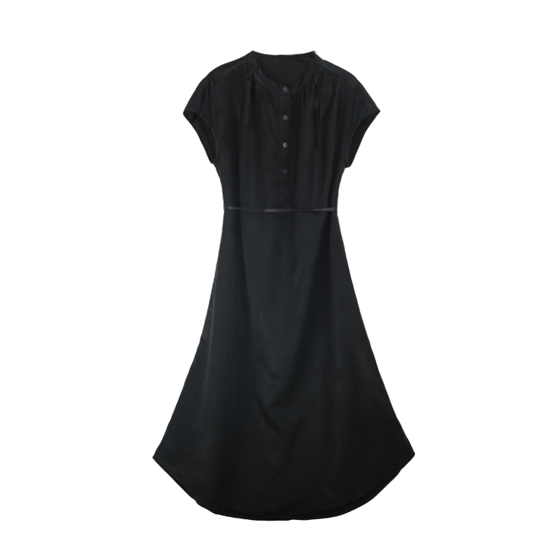 35姆米满桑香云纱双黑重缎花罗繁花前开襟衬衣领连衣裙12423-2