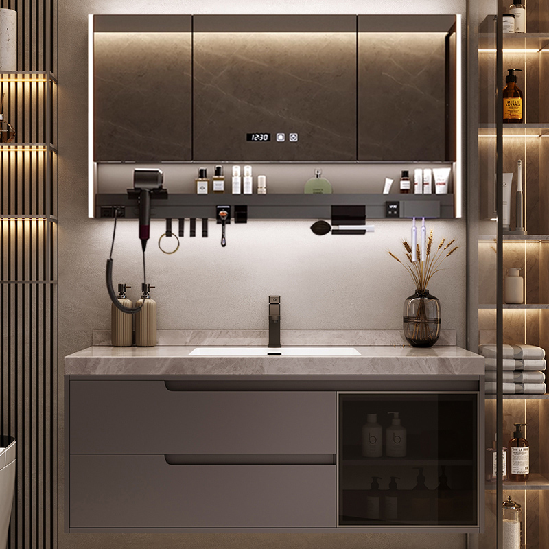 艺昕浴室柜 岩板无缝一体盆洗手盆洗脸盆柜组合卫生间洗漱台套装