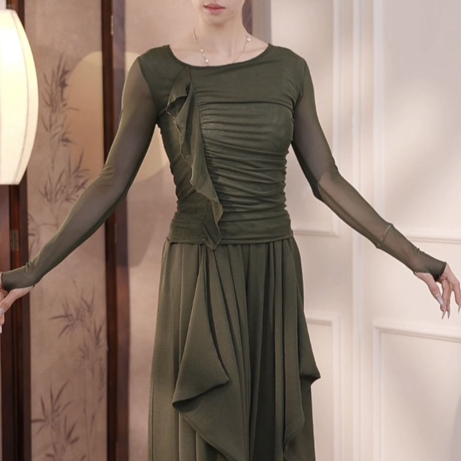 shishi长袖褶皱水纱气质优雅短袖舞蹈服显瘦可外穿形体服上衣