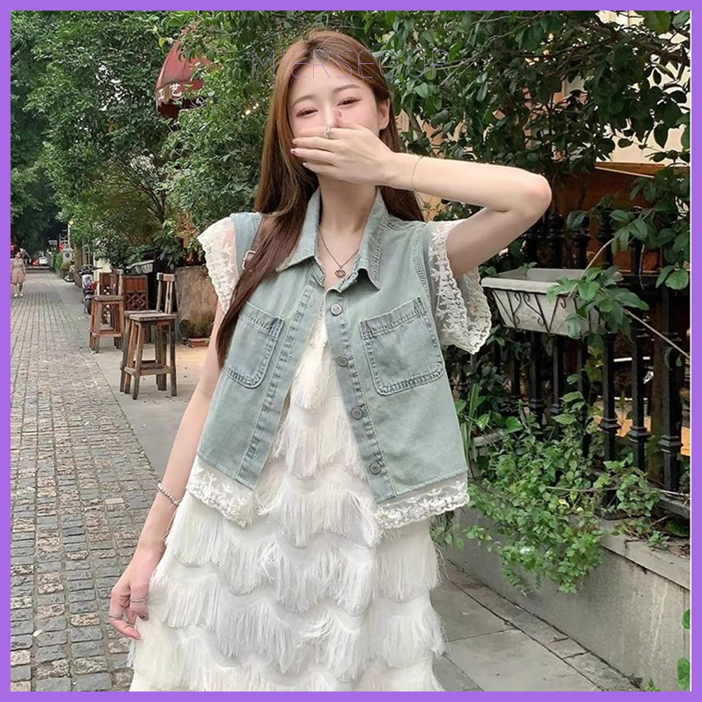 2025春夏季又a又飒显瘦高级感名媛气质蕾丝边牛仔马甲上衣240550