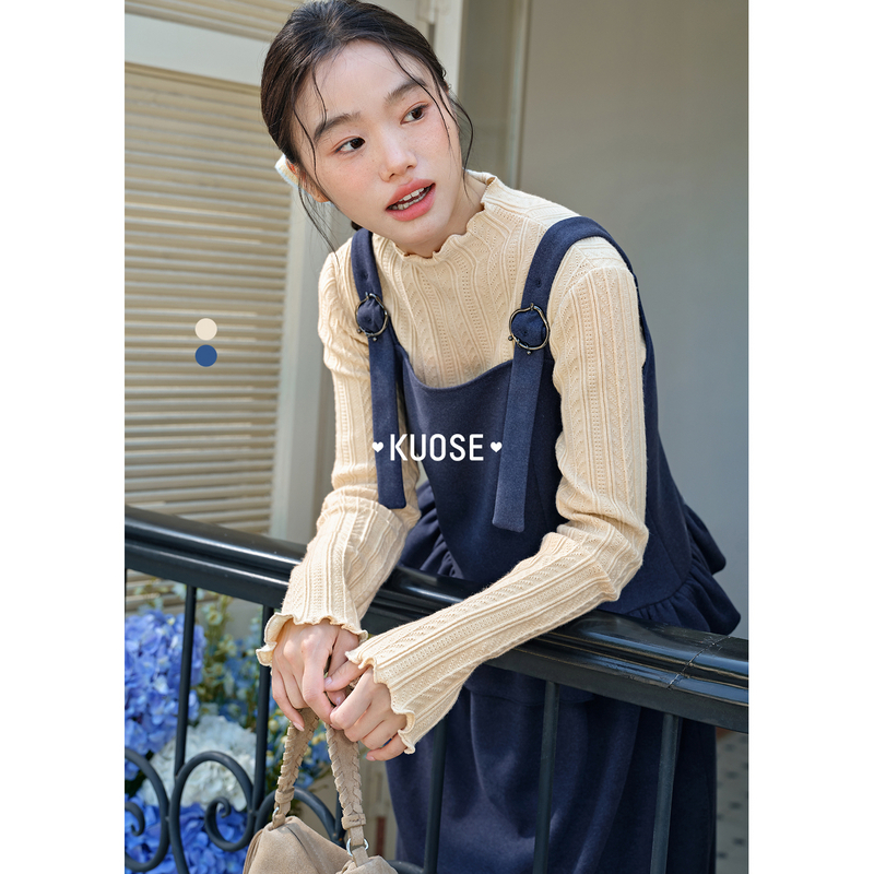 阔色克莱因蓝半高领打底衫女25秋冬新款叠穿木耳边毛衣KSA2509012