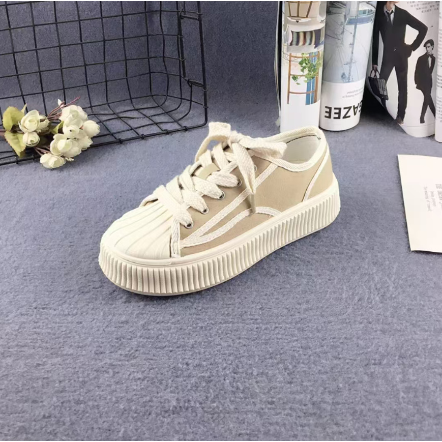 春秋季新款松糕溶解底贝壳E圆头系带韩版舒适女士帆布板鞋1215