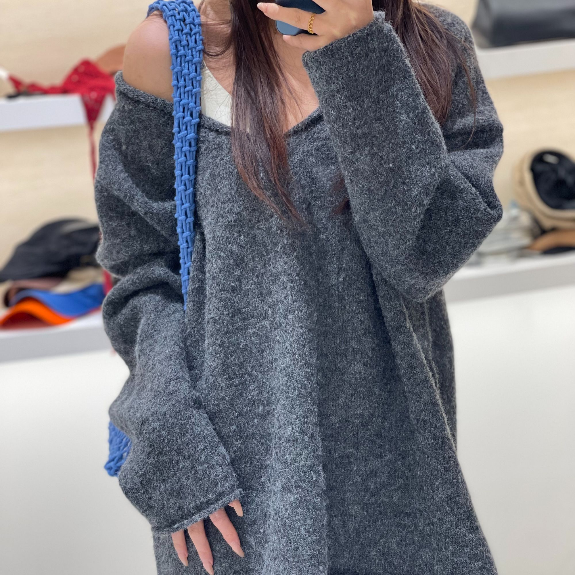 针织长袖慵懒风常规V领宽松毛衣女装针织毛衣灰色V领C034