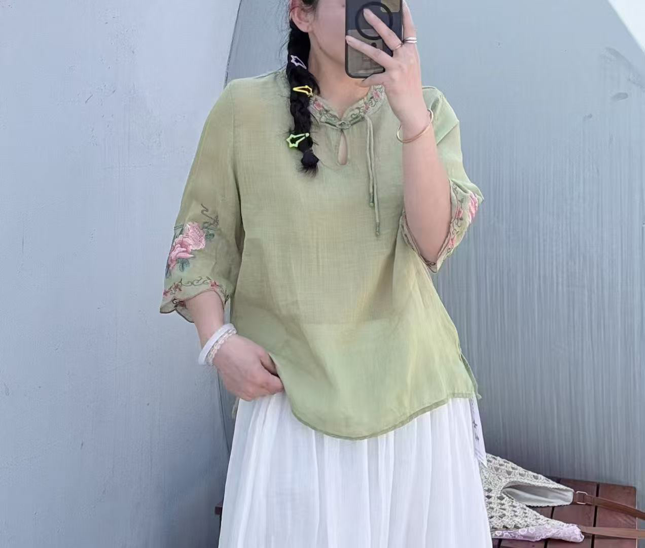 新款韩版宽松休闲百搭衬衫女上衣女洋气淑女舒适爆款洋气苎麻粉色