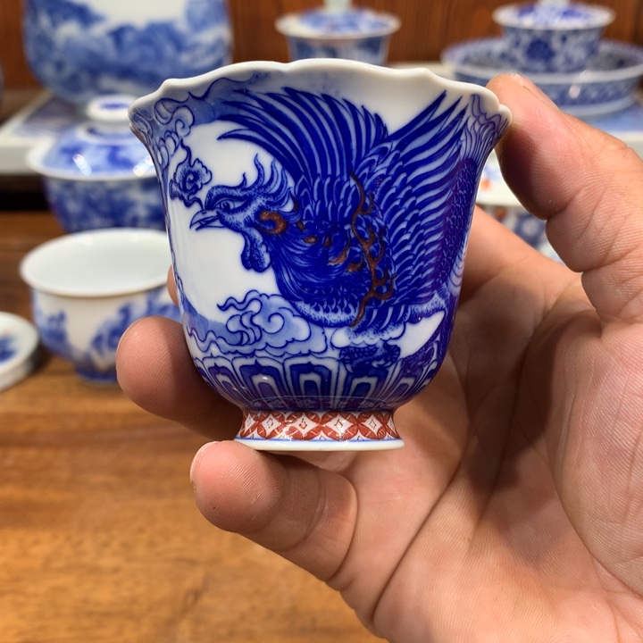 自成堂柴窑青花凤凰杯