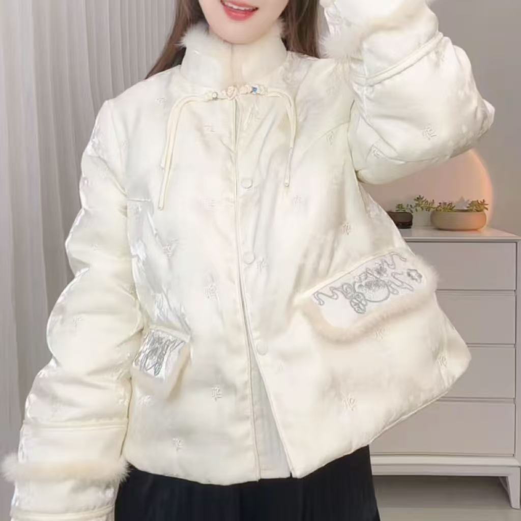 【真水貂毛】新中式冬季加厚重工刺绣提花毛茸茸立领羽绒外套女减龄