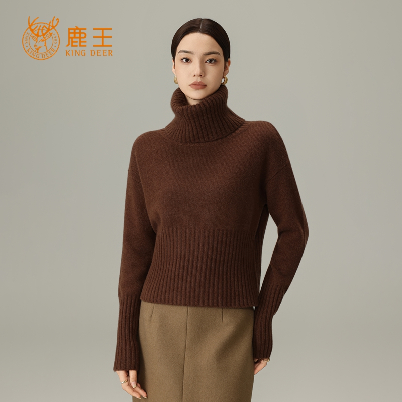 鹿王25秋冬新款女高领100山羊绒时尚休闲短款套衫 加厚 4J9333