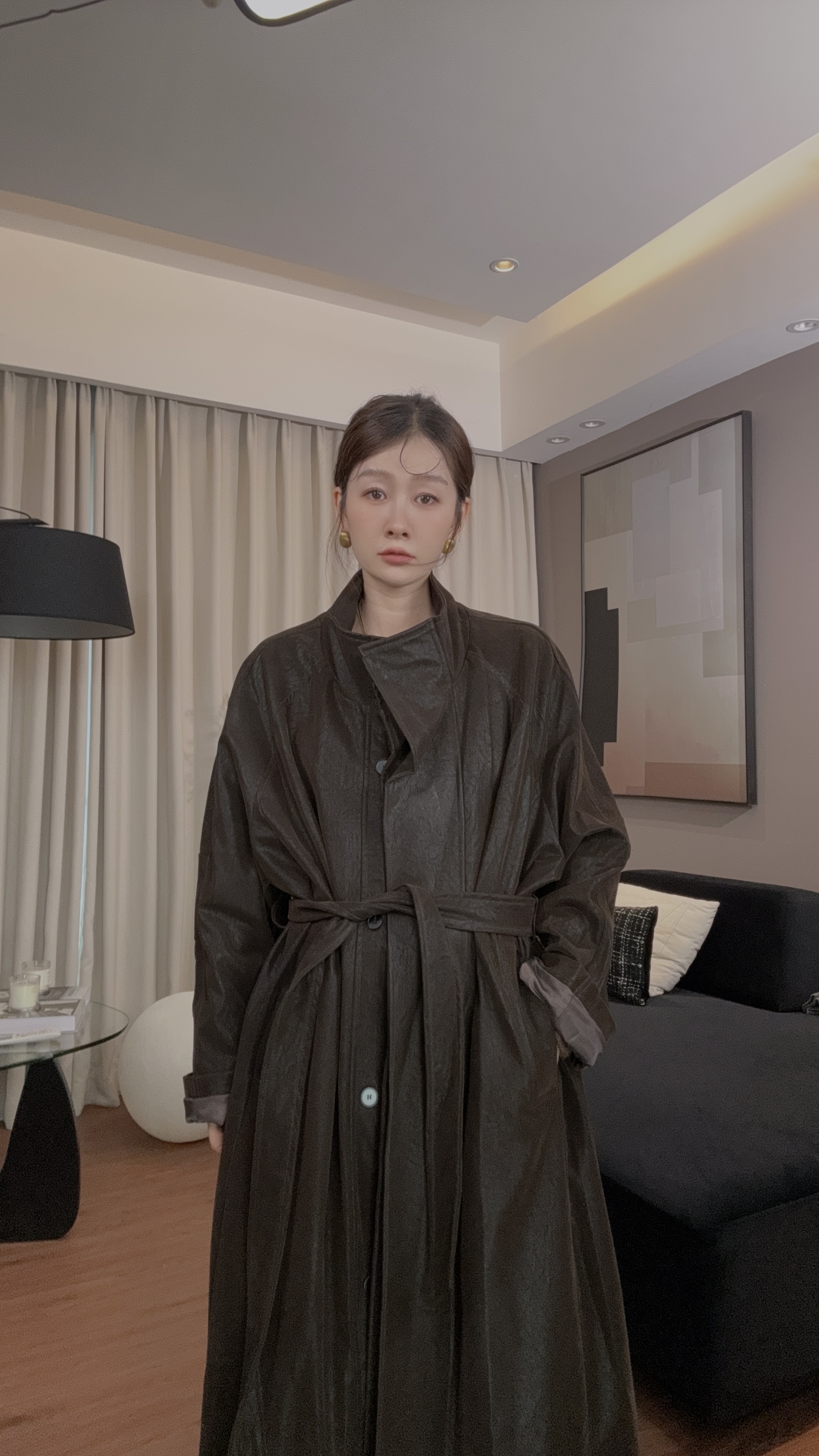 法式气质长款皮衣宽松设计感韩版风衣秋冬百搭大衣时尚休闲外套