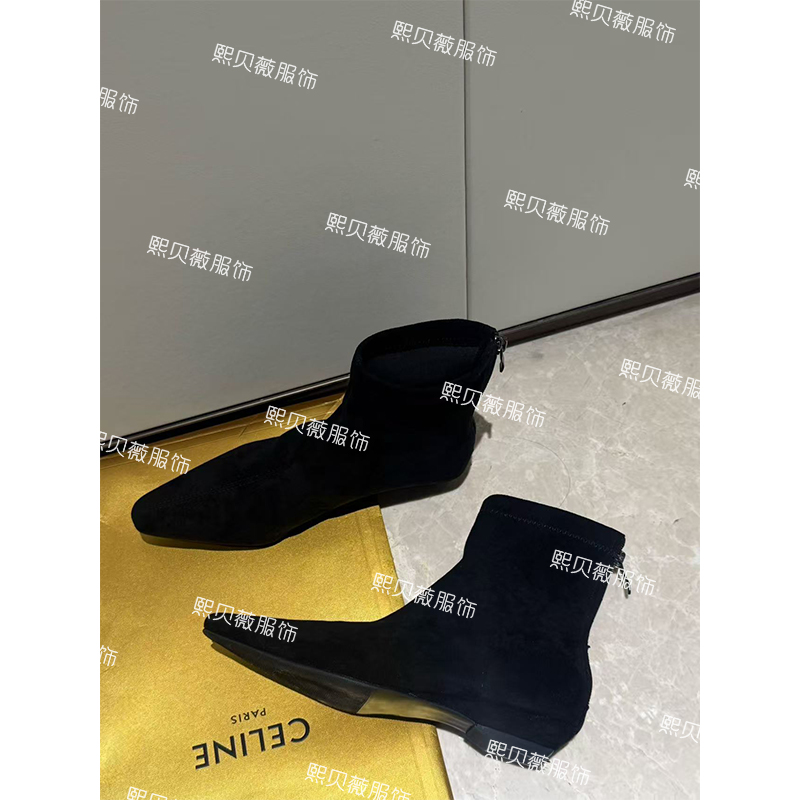 熙贝薇 绒面显瘦时尚短靴女加绒后拉链子尖头弹力瘦瘦靴 G5961