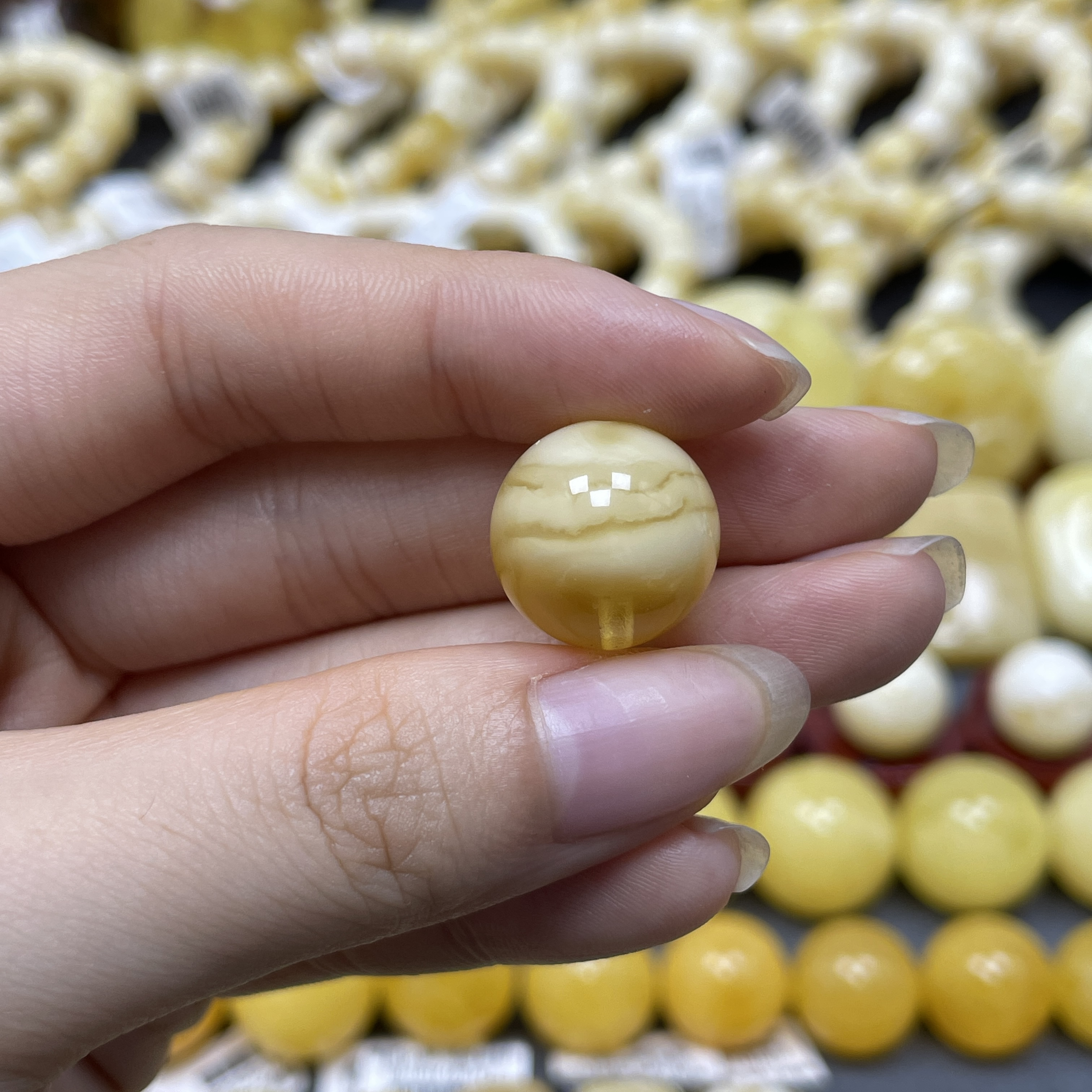 圆珠15.4mm花粉.兰蜜珠宝天然原矿琥珀蜜蜡金瓷白飘花溶洞福利