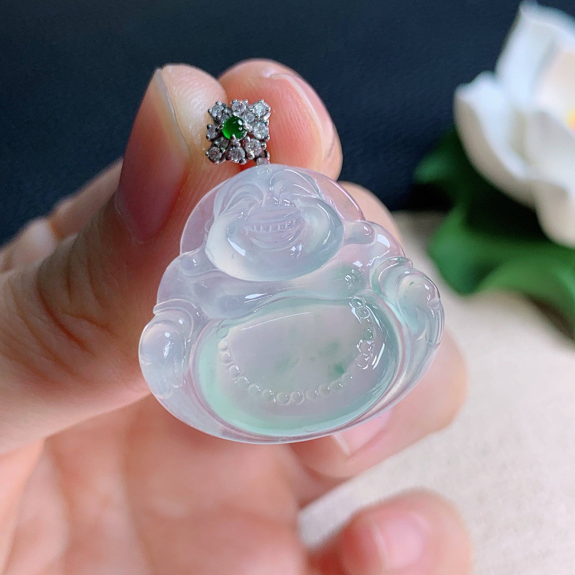 缅甸天然翡翠A货老坑冰种飘花佛公吊坠精品时尚气质23.8*27.1*5.5