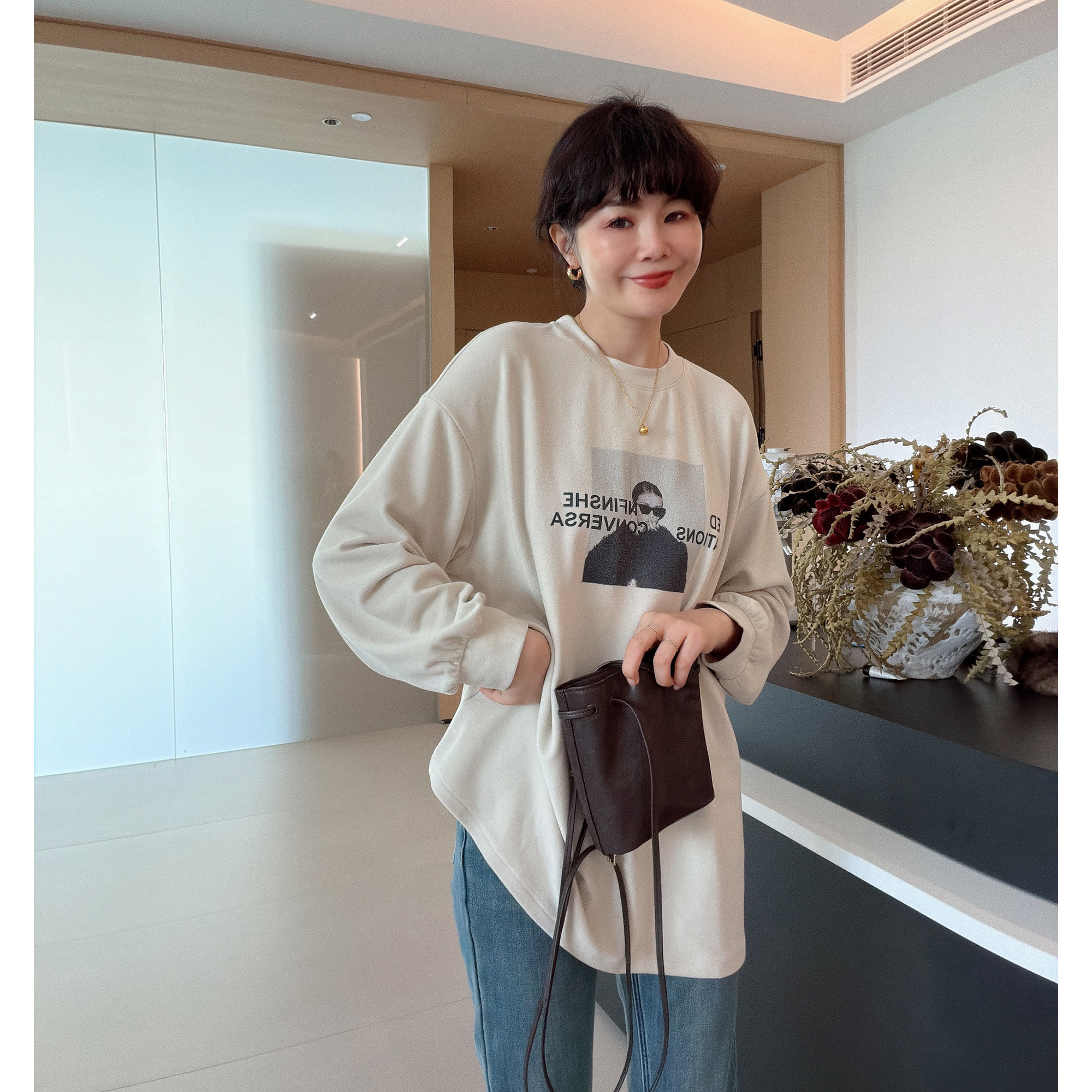 韩系大板宽松双面德绒保暖加厚中长款长袖T恤