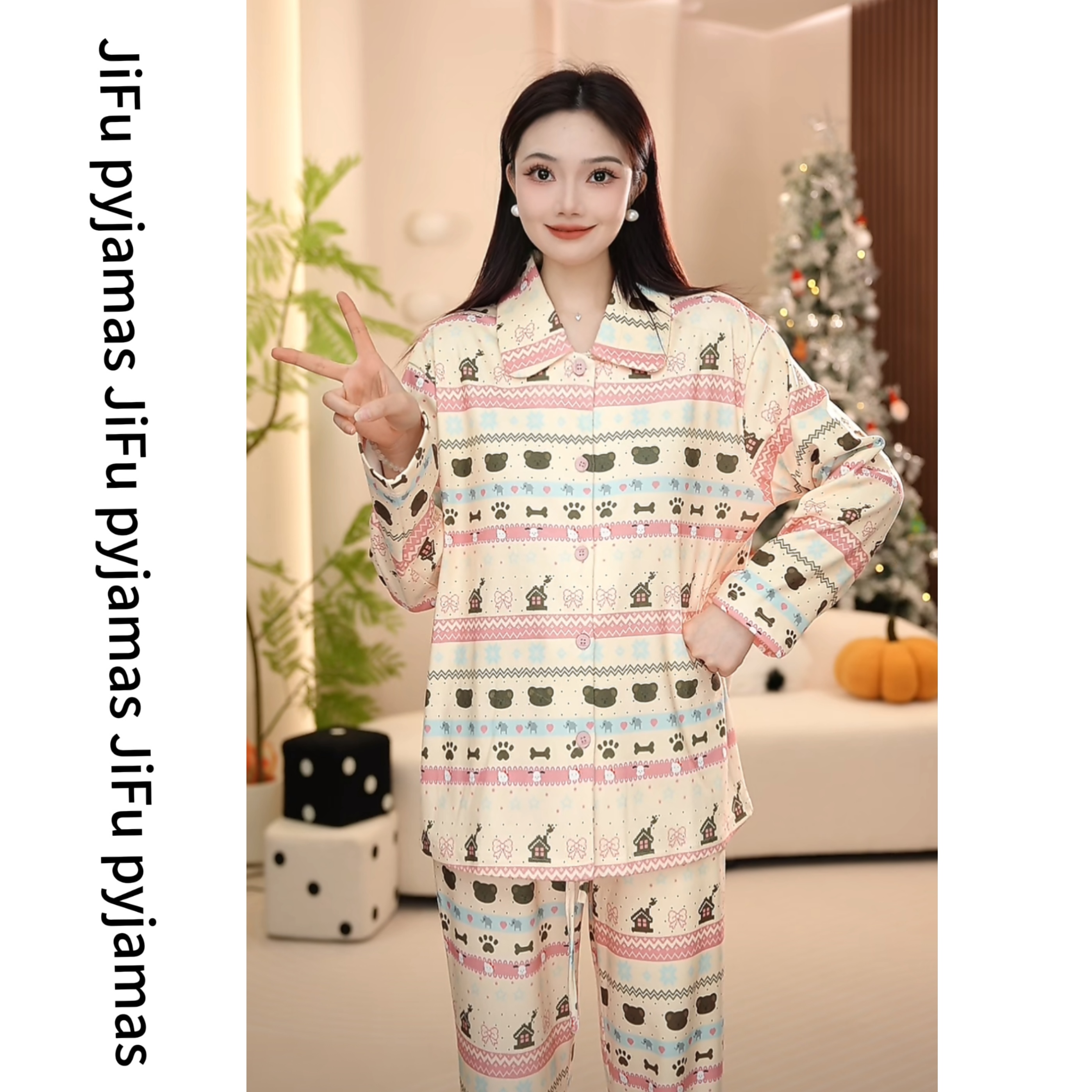 时尚高定轻奢纯棉春季新款长袖长裤款家居服睡衣女套装甜美