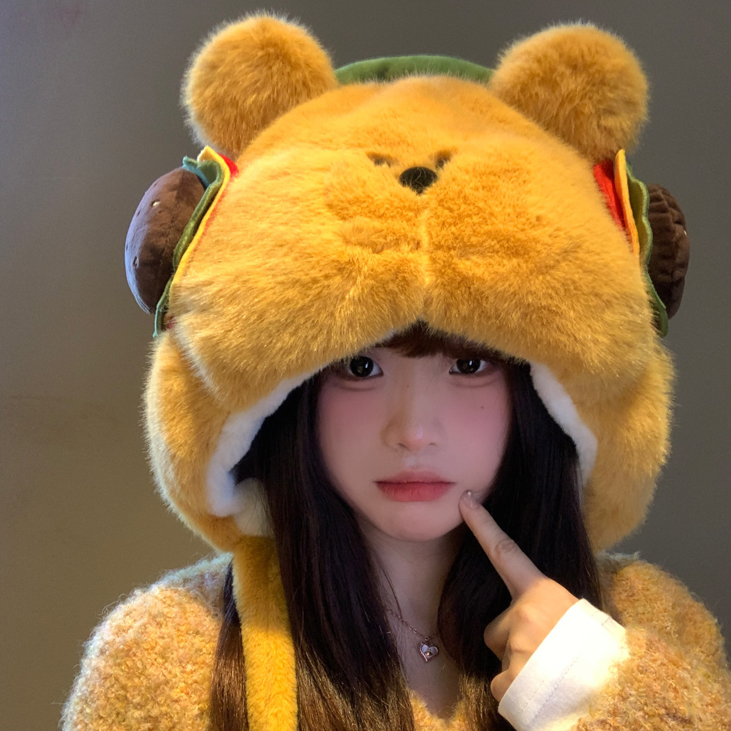 加绒毛帽子腮红兔耳朵帽子卡通毛绒加厚冬季女可爱雷锋帽