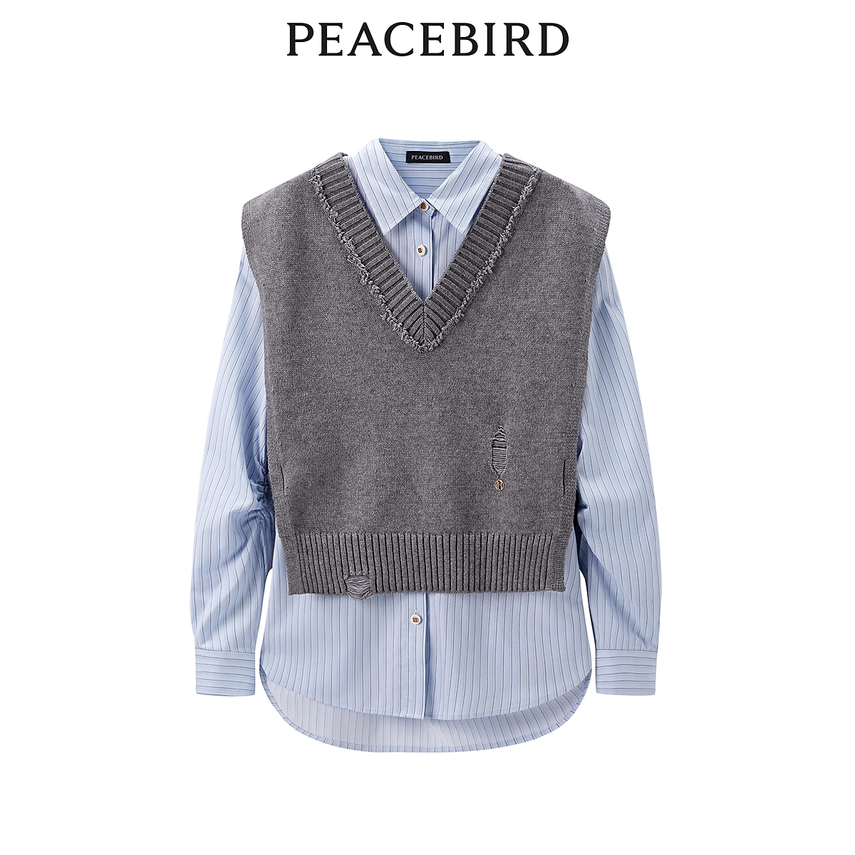 【丽公主专属】太平鸟春季新款两件式条纹衬衫时尚百搭AACAE415H