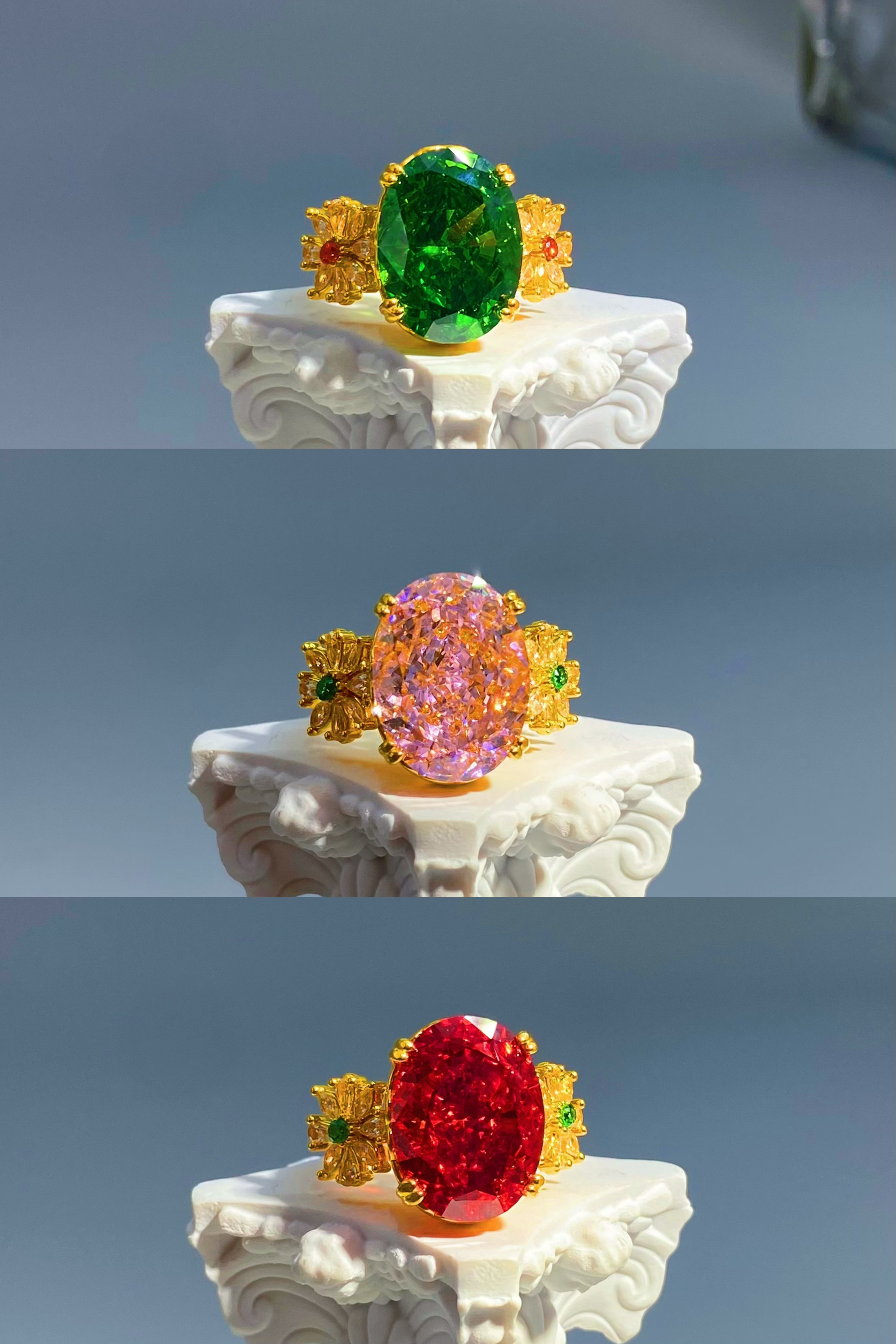 黄金足金999 黄金镶嵌红粉绿鸽子蛋黄金戒指高级精致精美