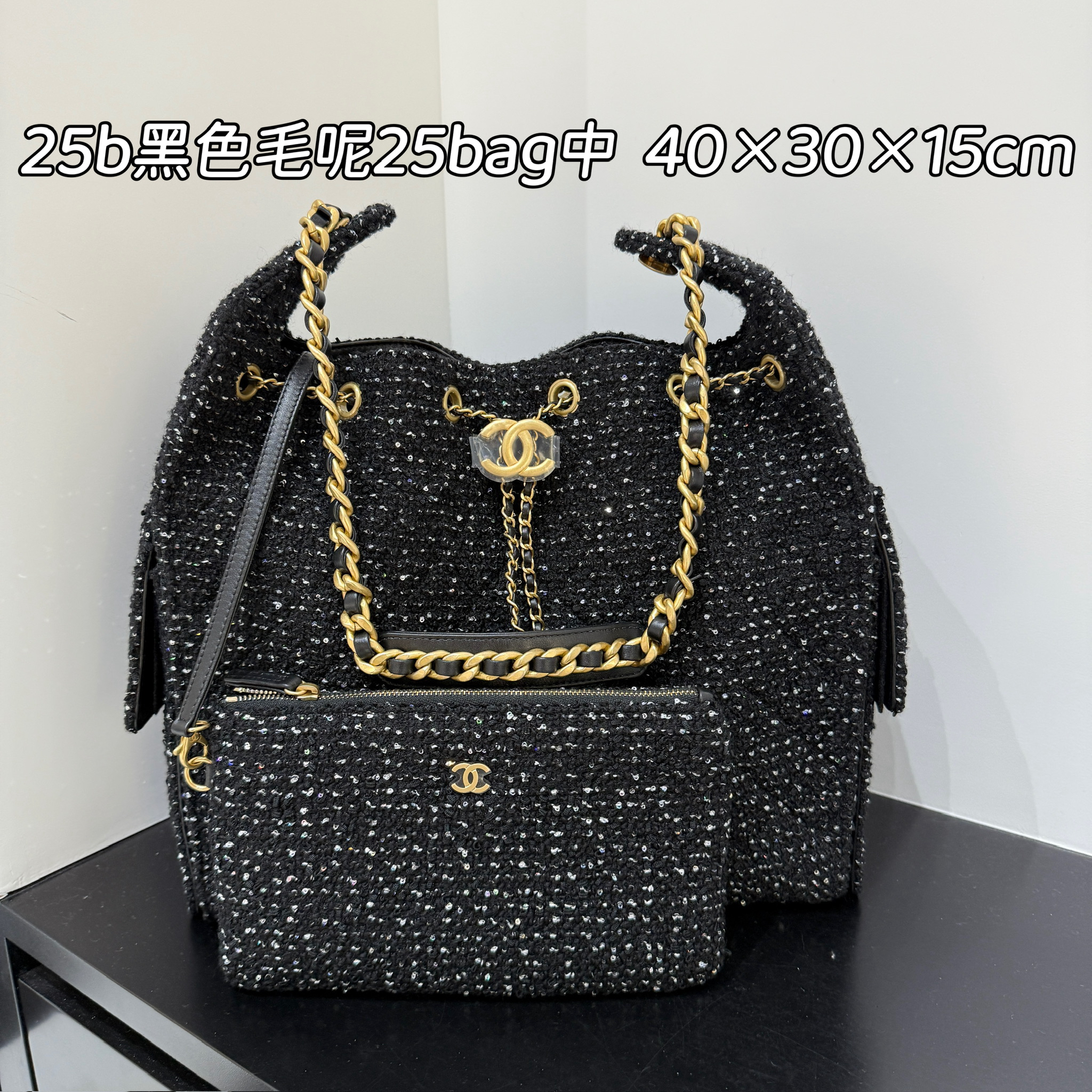 未使用 Chanel/香奈儿  毛呢亮片25Bag中号链条腋下包hobo 【无盒】