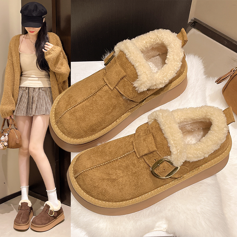 冬季全包勃肯鞋女2025新款厚底加绒加厚毛毛一脚蹬懒人博肯棉鞋女