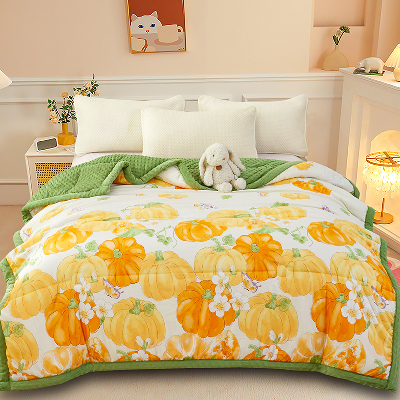 Y25爆款3D豆豆绒盖被印花豆豆被盖毯秋冬被翡翠金瓜双人