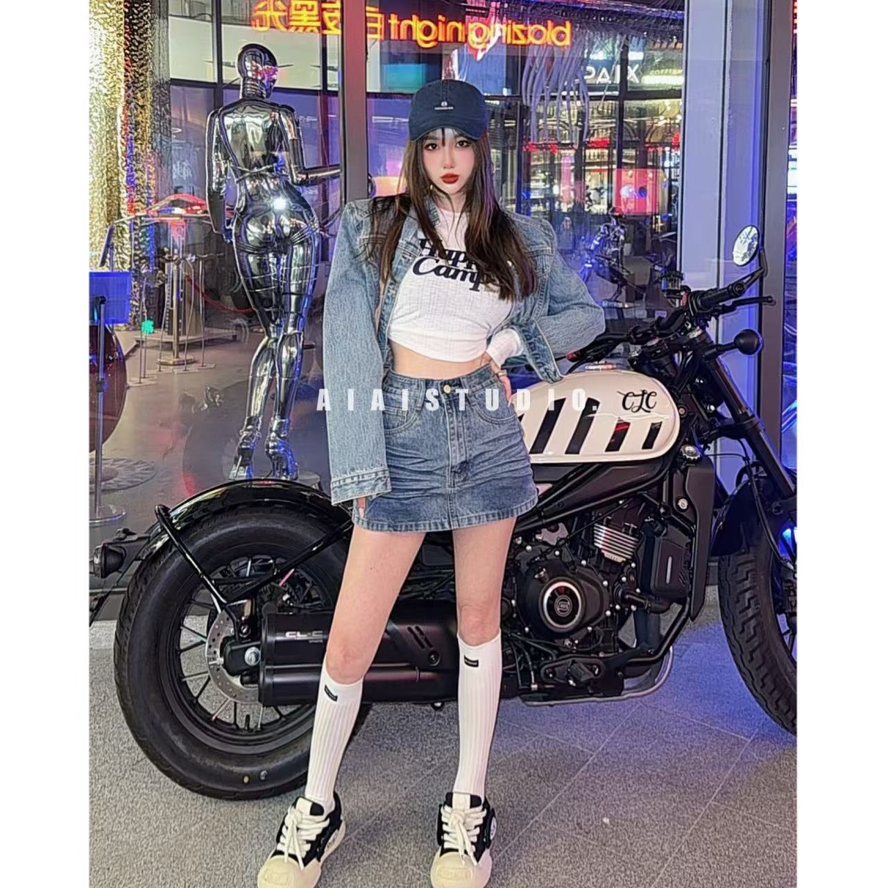 AIAI【自然由己】定制机车夹克牛仔外套/高腰褶皱牛仔裙裤裙女春夏