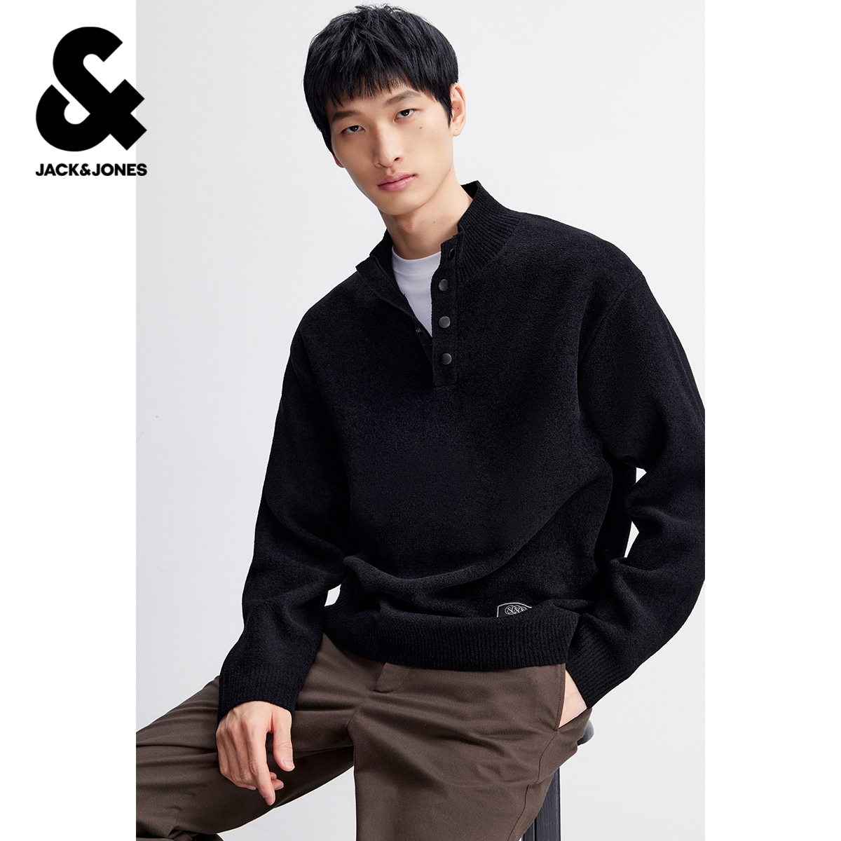 杰克琼斯男装毛针织衫春季新款简约纯色字母贴布立领宽松休闲毛衣