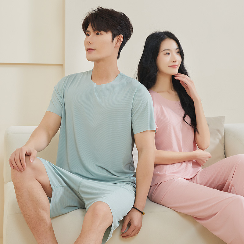 【享德森保罗】冰丝夏季情侣冰丝家居服睡衣男女套装薄款圆领休闲