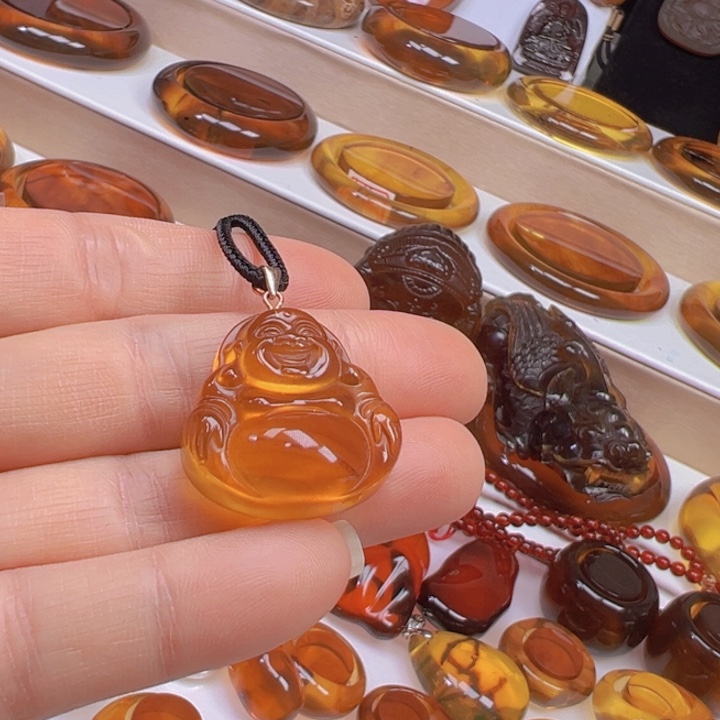 琥珀颈饰未镶嵌想*啦天然缅甸琥珀笑佛吊坠