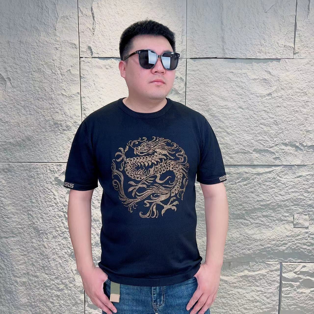 男士圆领针织短袖烫钻时尚潮流秋冬打底1068休闲百搭修身舒适弹力