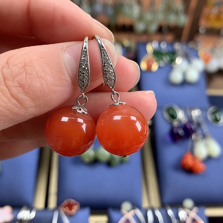 南红玛瑙耳饰银S925镶嵌14左右