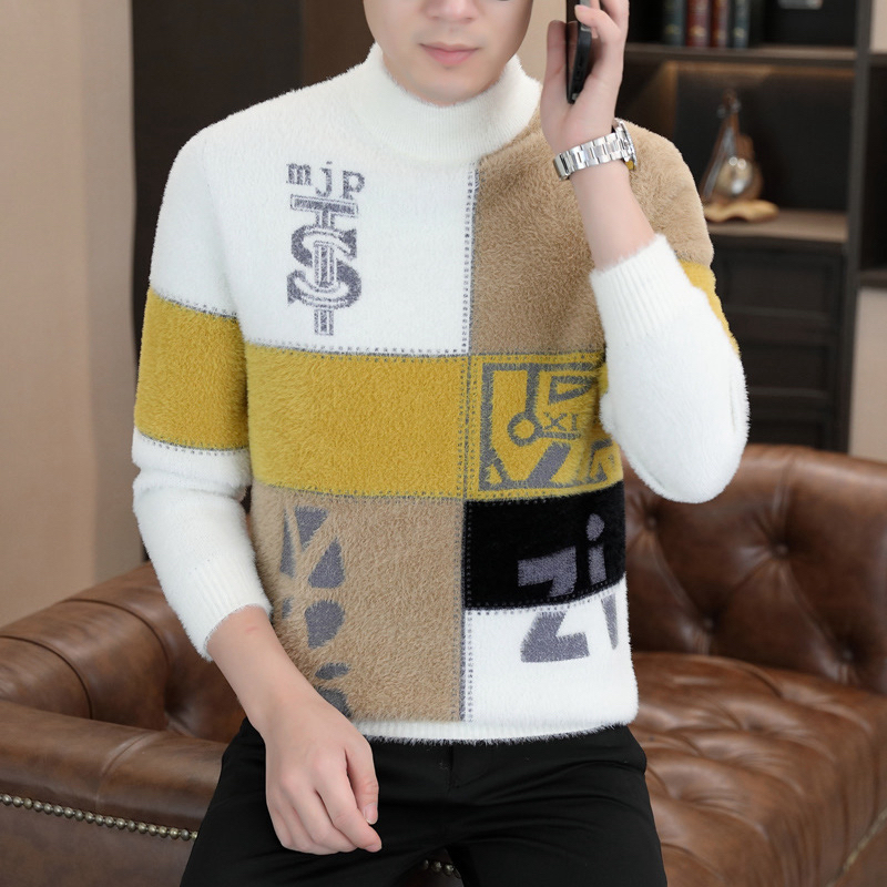 半高领双面绒毛衣男秋冬季加绒加厚针织衫保暖上衣冬装线衣学生潮