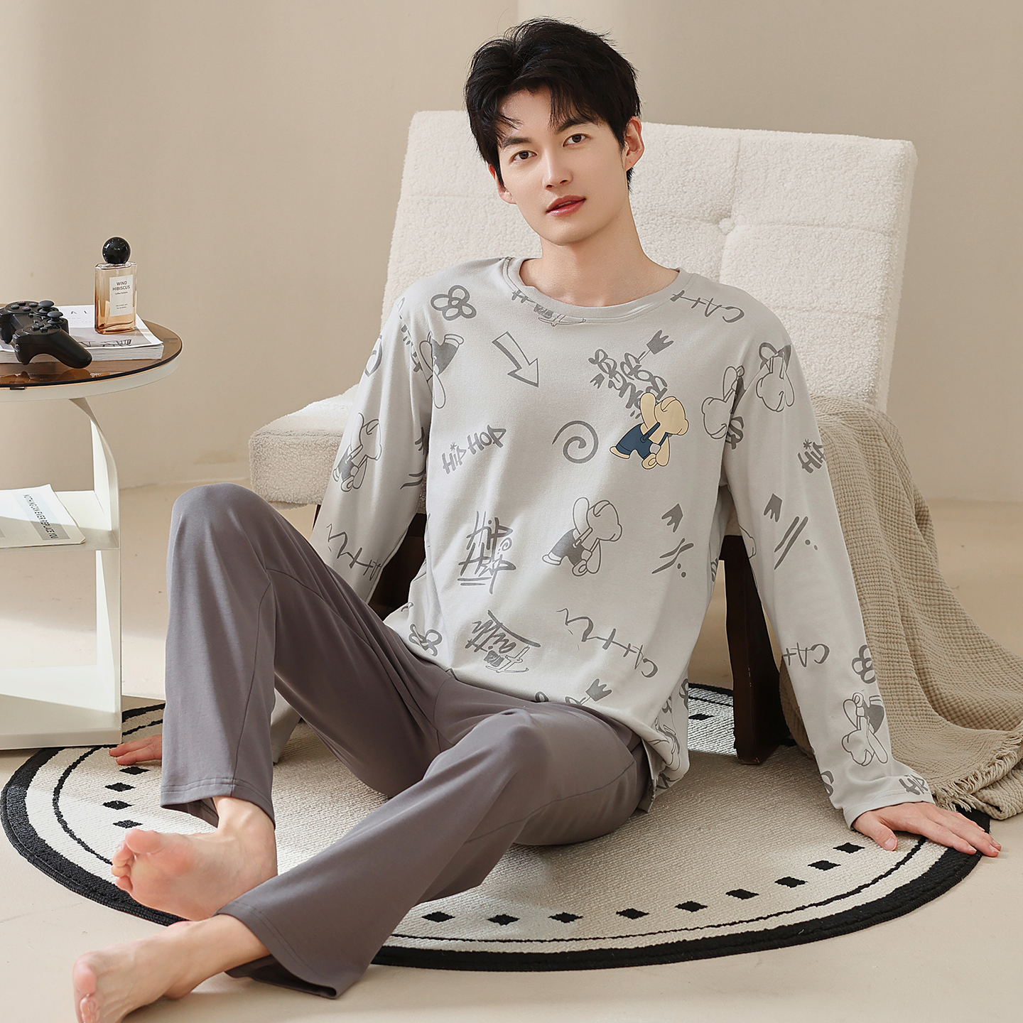 100%棉睡衣男士秋款长袖长裤卡通青少年学生全棉春秋季家居服套装