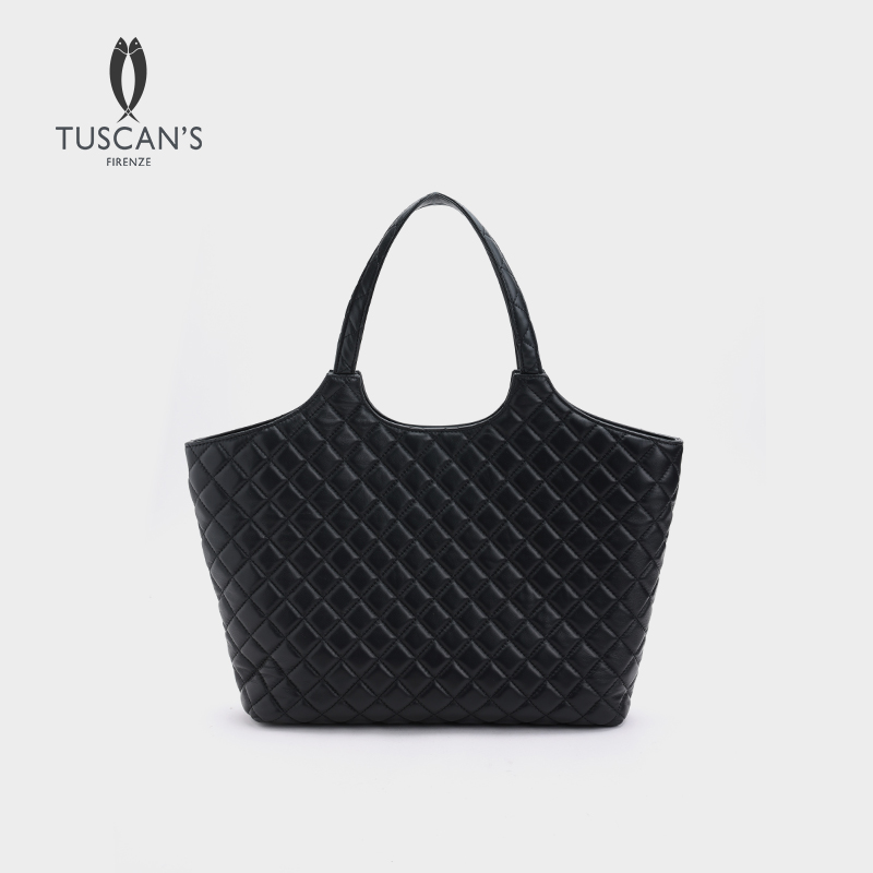 TUSCAN'S时尚休闲黑色菱格手提包羊皮编织大容量女士腋下托特包