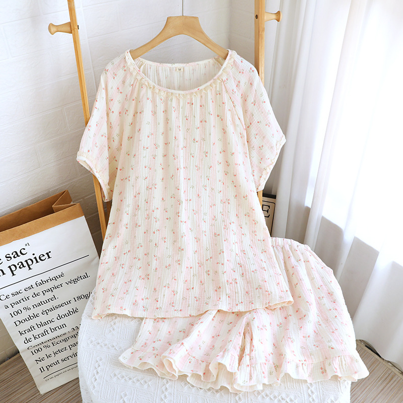 薄款家居服纯棉双层纱布甜美短袖短裤夏季新款睡衣套装