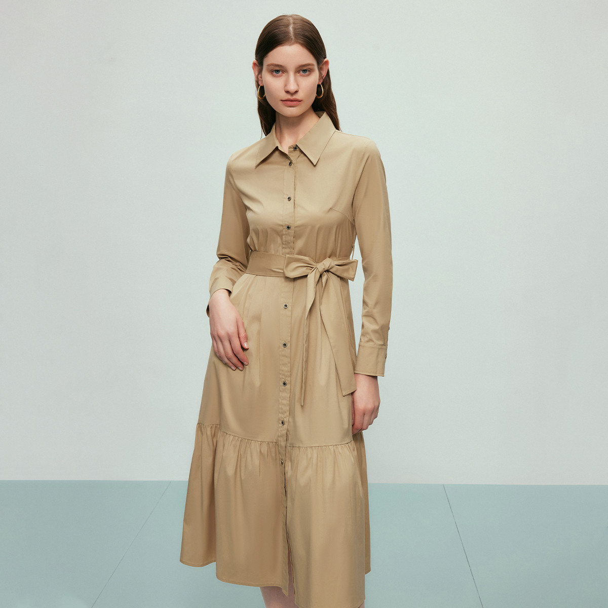 【羊羊专属】时尚收腰连衣裙2024褶皱设计感优雅减龄中长款衬衫裙