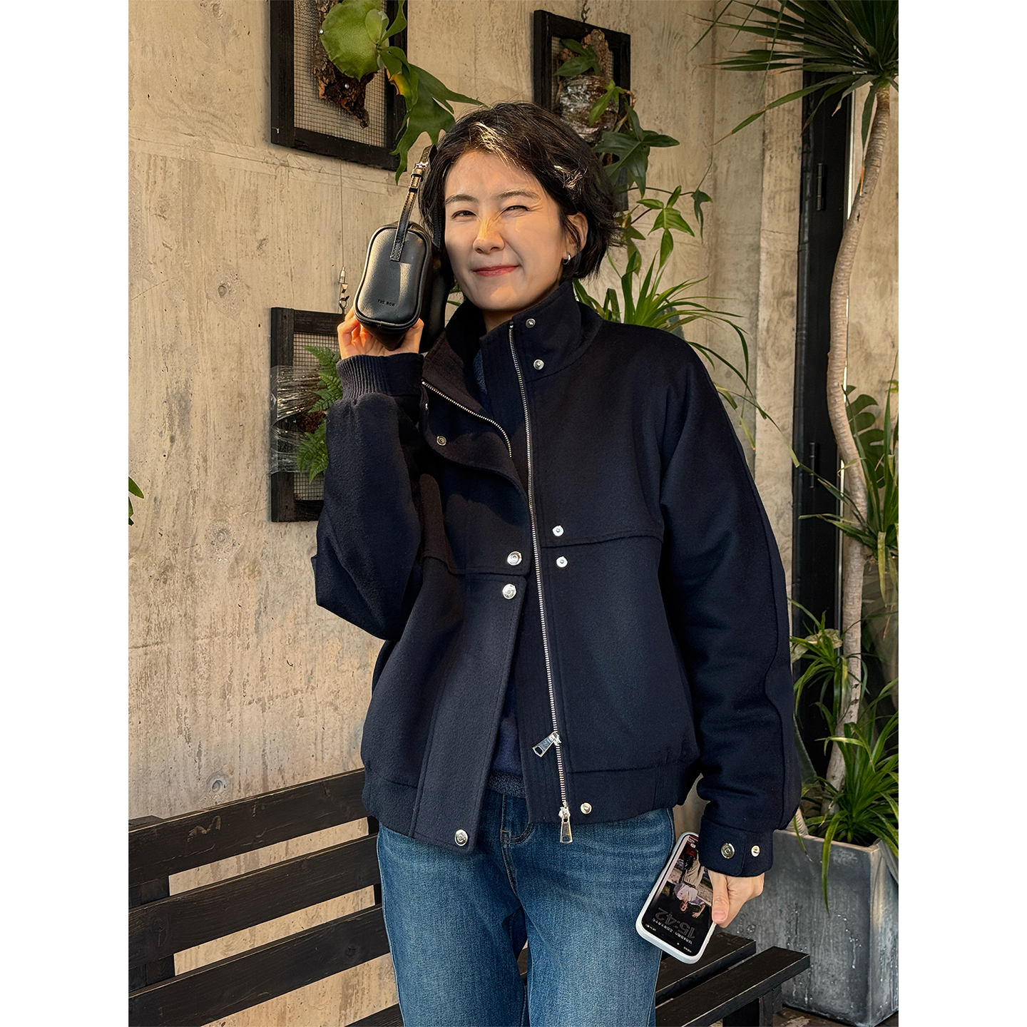 LANGQING 宽松拼接立领羊毛飞行夹克棉服46498#