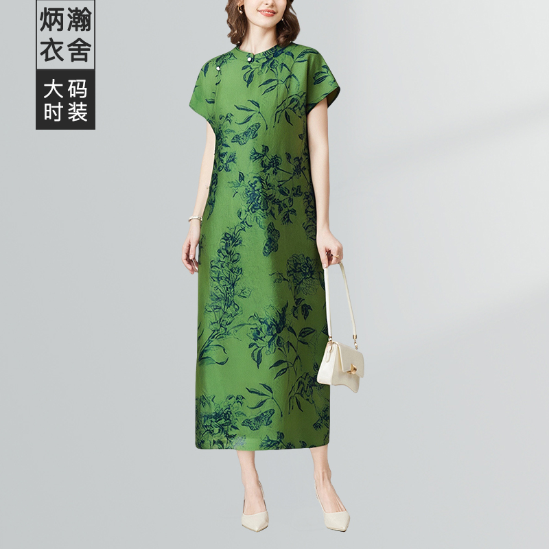 【炳瀚】大码女装25夏新中式国风短袖胖M气质复古长裙BH225WBL15781