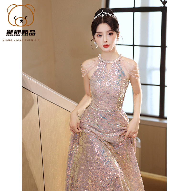 粉色流苏晚礼服裙高级感敬酒服新娘轻奢小众主持人高端宴会订婚kl