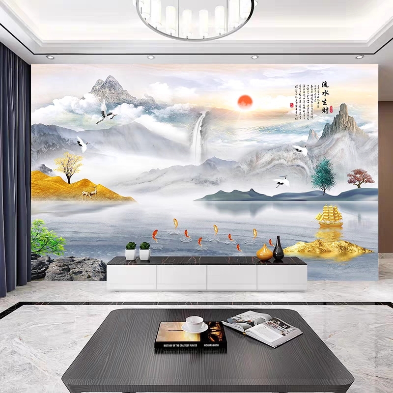 流水生财3d立体大气客厅电视背景墙壁画8d轻奢现代简约影视墙壁纸