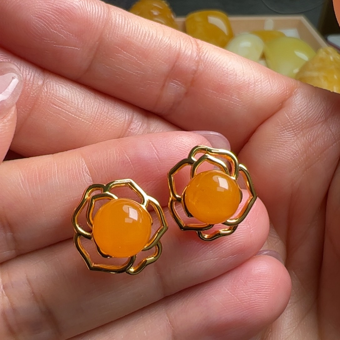 蜜蜡耳钉银S925镀金镶嵌