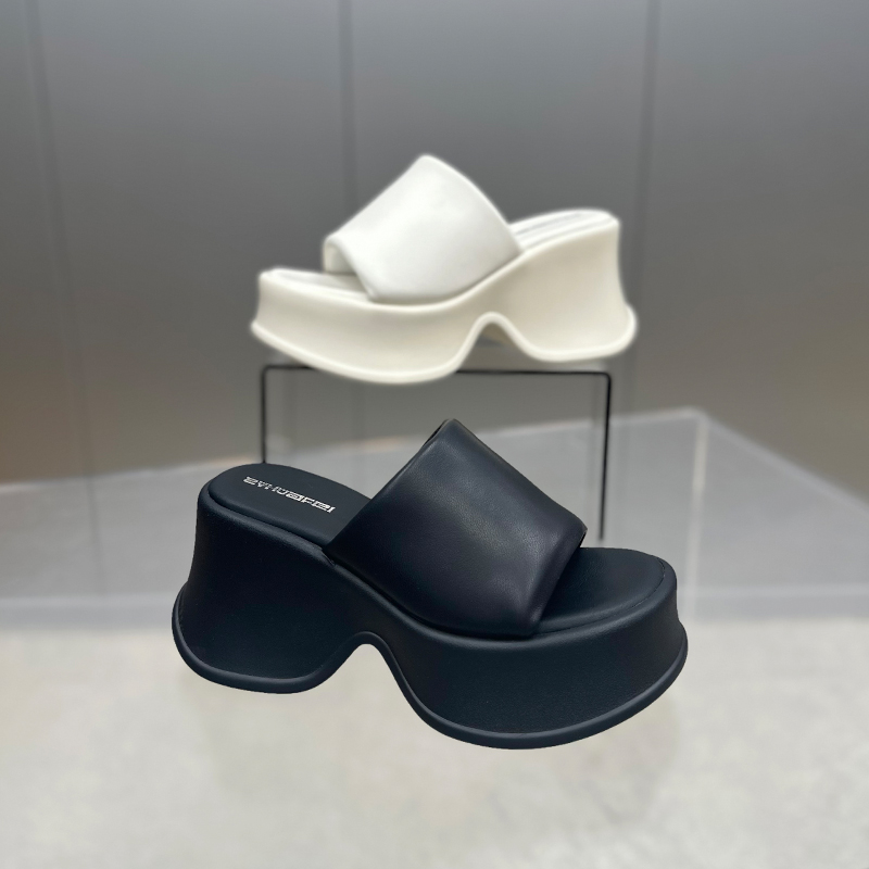 【左右华菲】9cm小个子显腿长真皮厚底凉拖鞋2025夏季百搭一字半拖